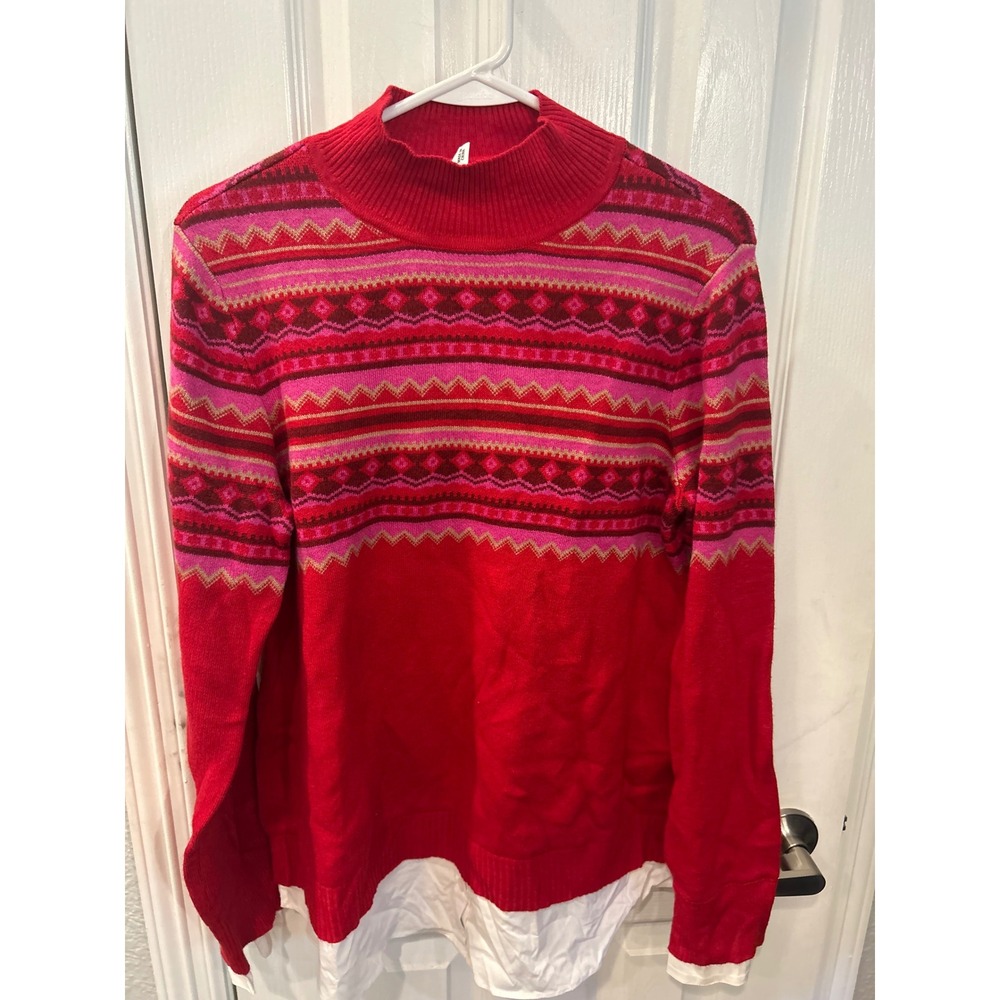 Isaac Mizrahi Live! Sweater Red Pink Fair Isle Layered Mock Neck Knit Top
